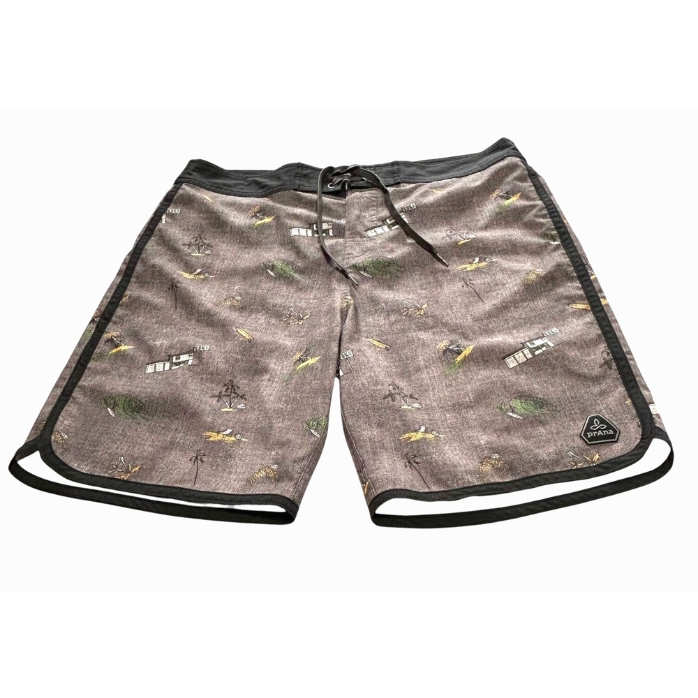 PrAna Mens High Seas Board Shorts Swim Trunks 35 x 9 Brown UPF 50 Tropical Surf